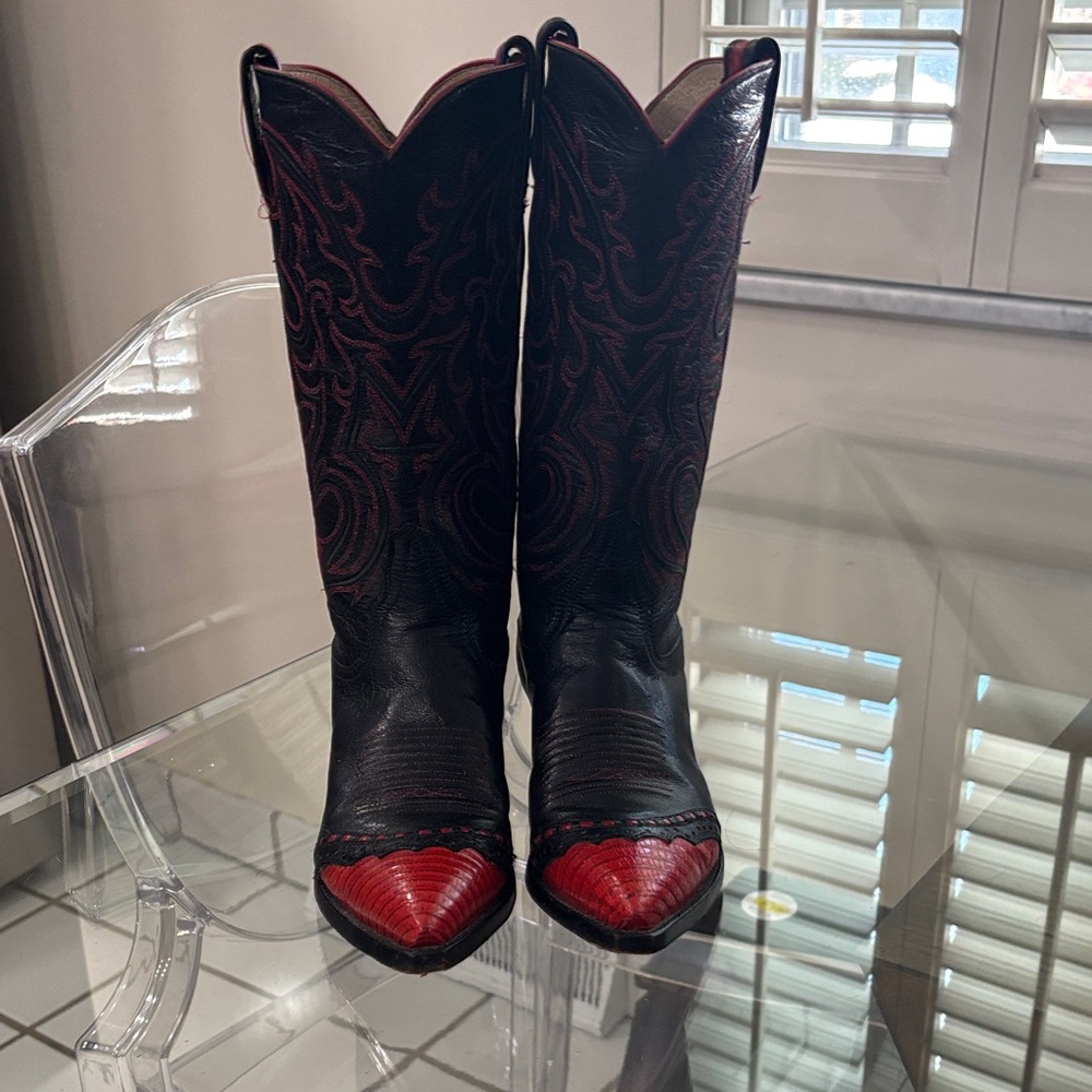 Larry Mahan Black Cowboy Boots with Red Toe